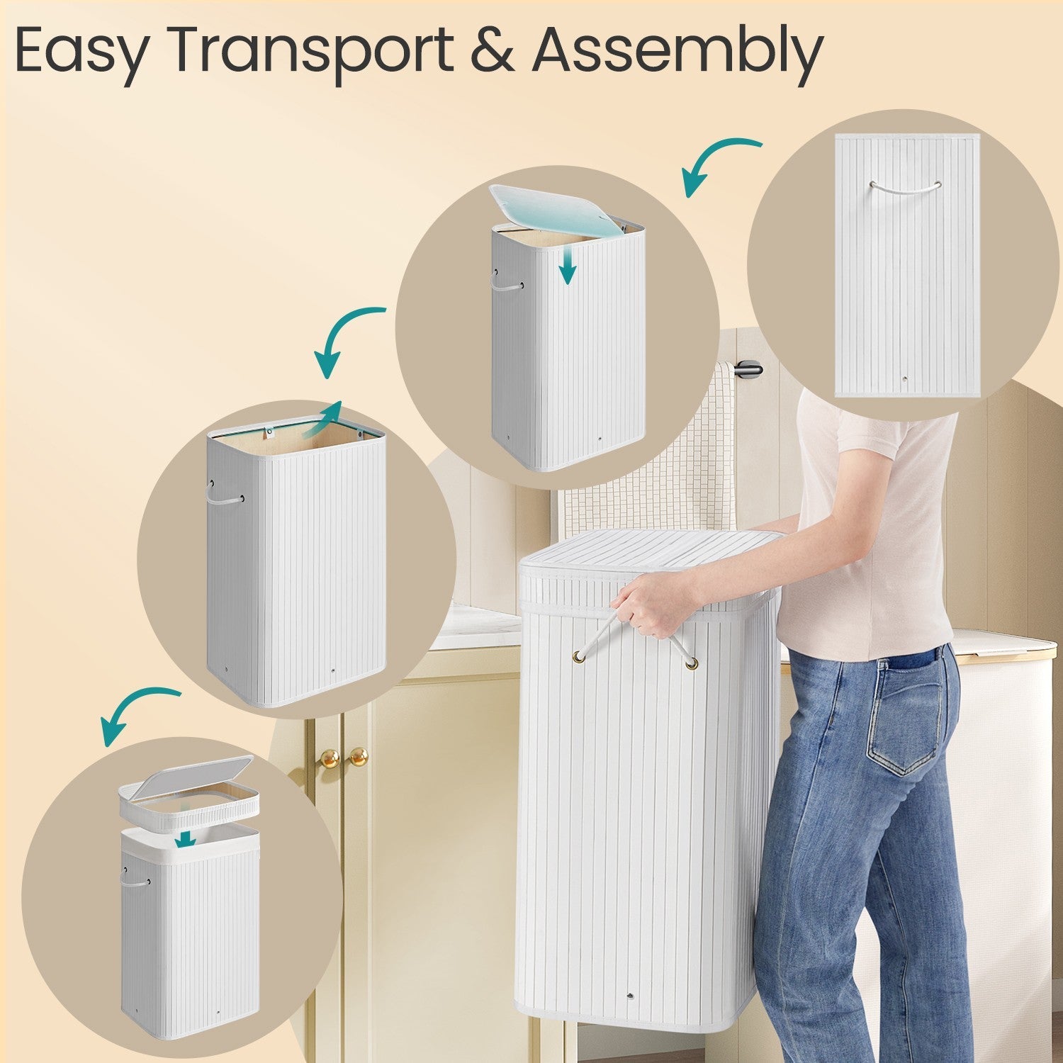 Bamboo Laundry Hamper – 72L – White – With Lid and Handles