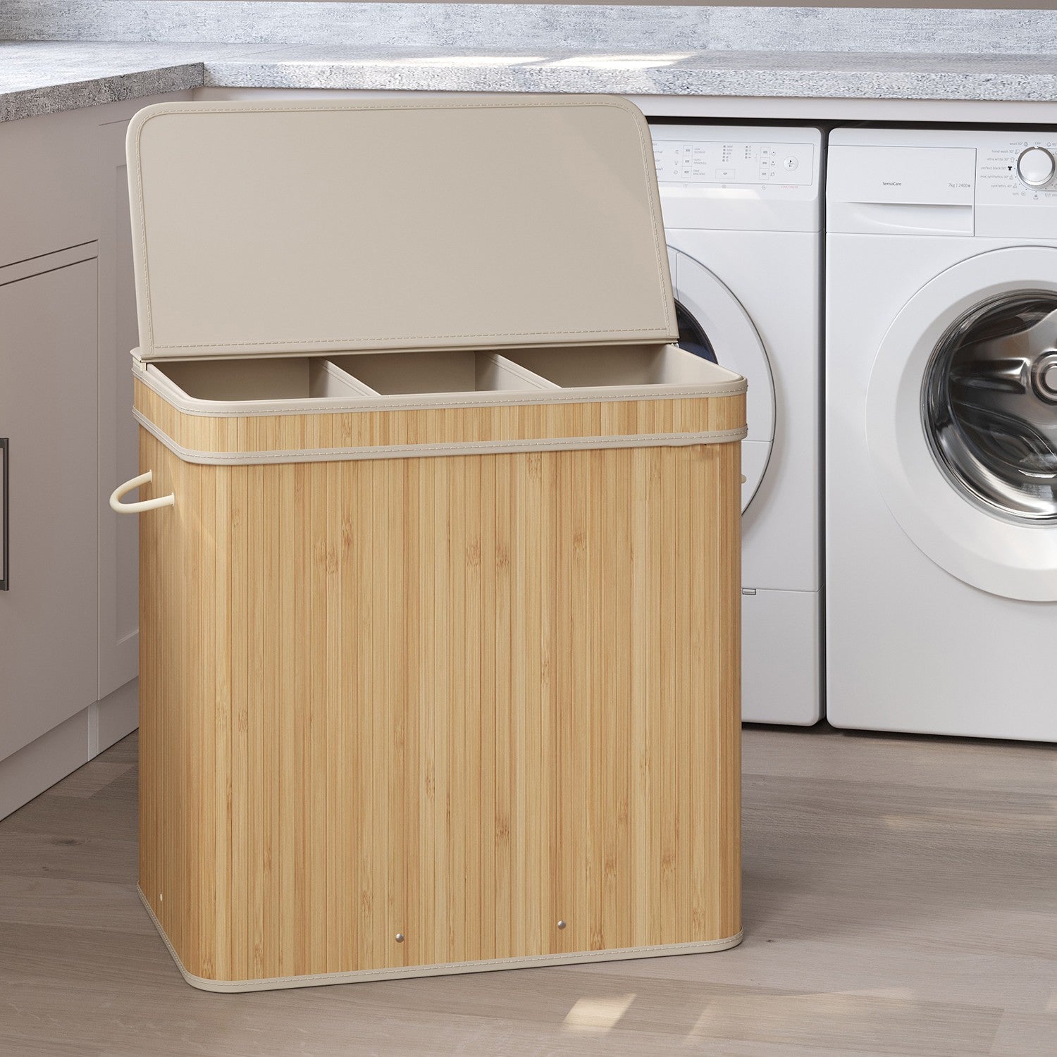 Laundry Hamper – Bamboo – Beige – 150L with Lid and Handles