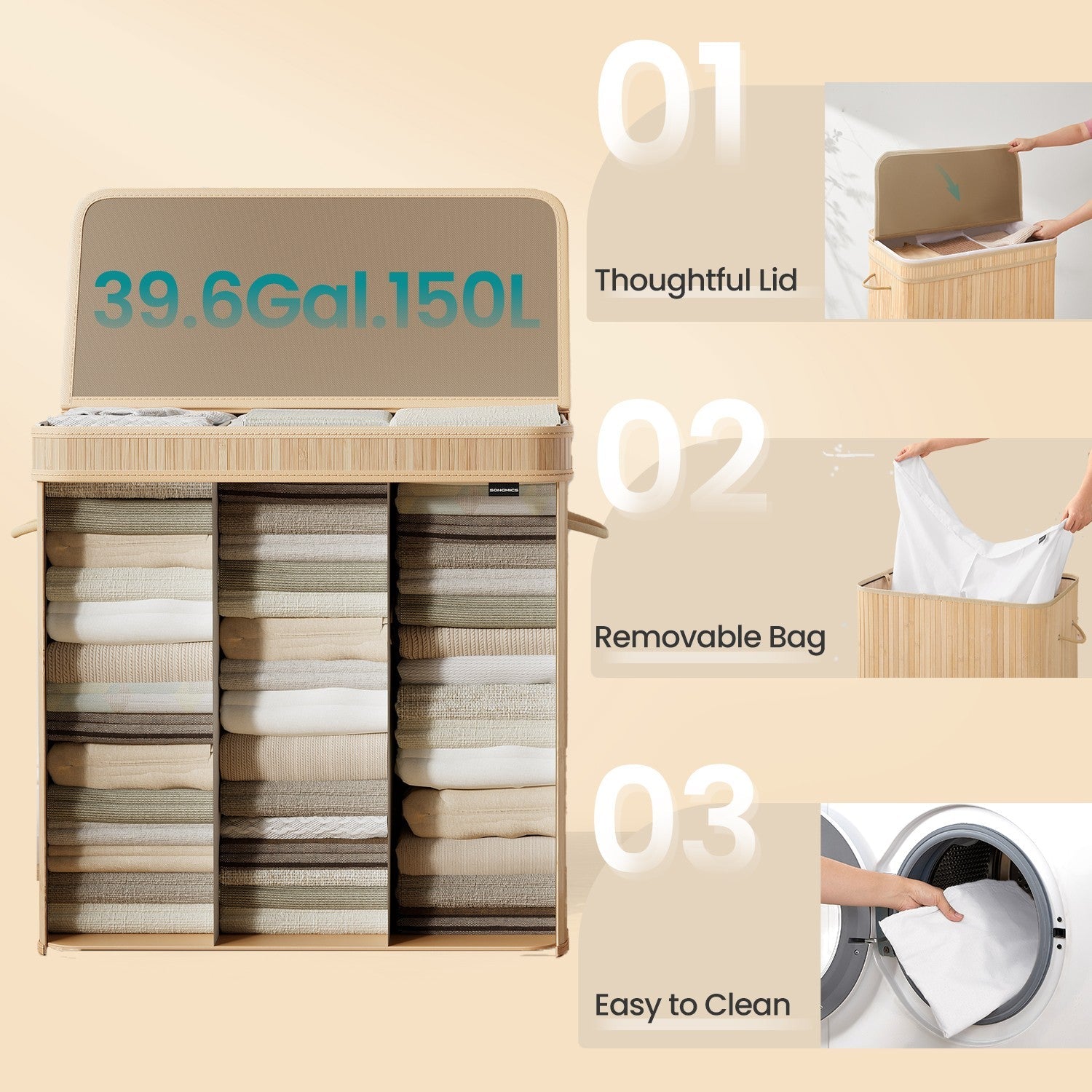 Laundry Hamper – Bamboo – Beige – 150L with Lid and Handles