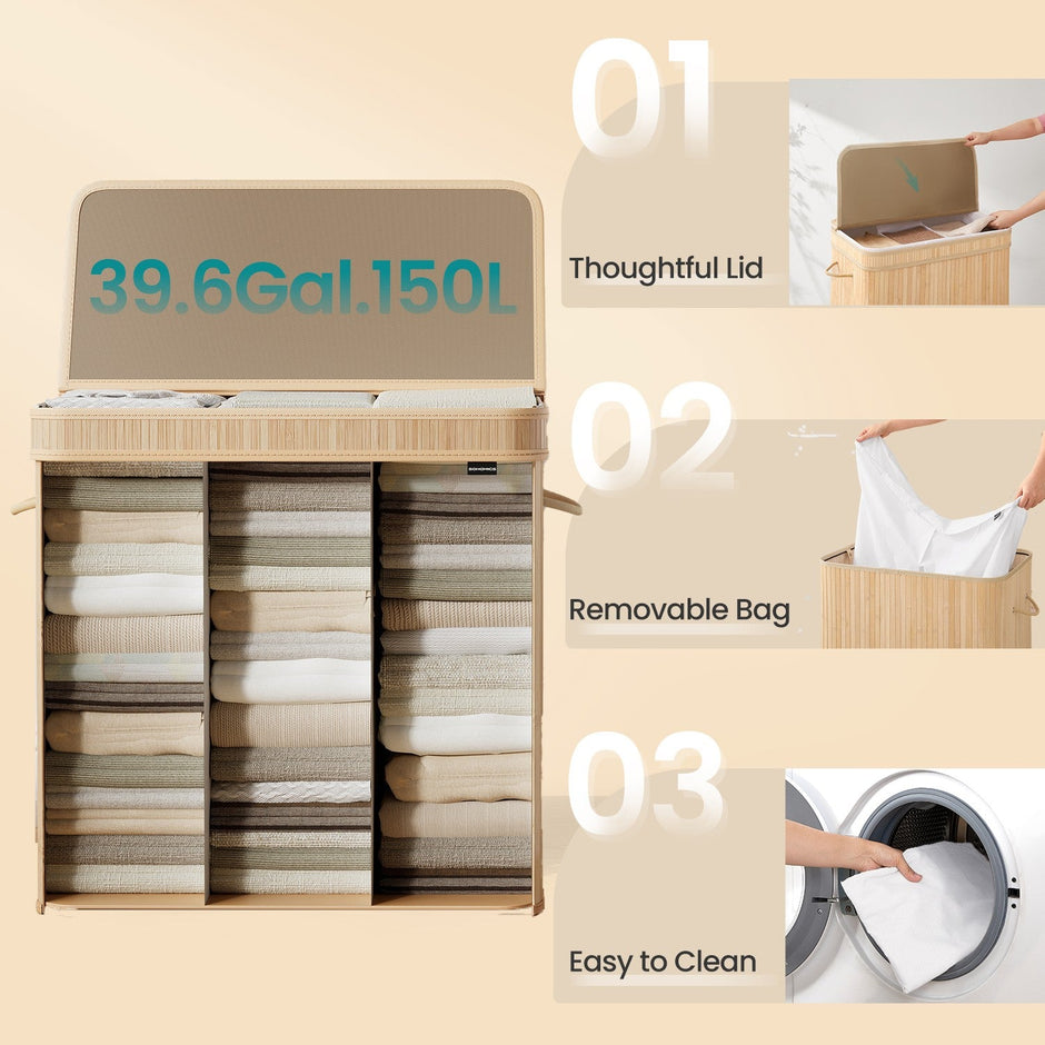 Laundry Hamper – Bamboo – Beige – 150L with Lid and Handles