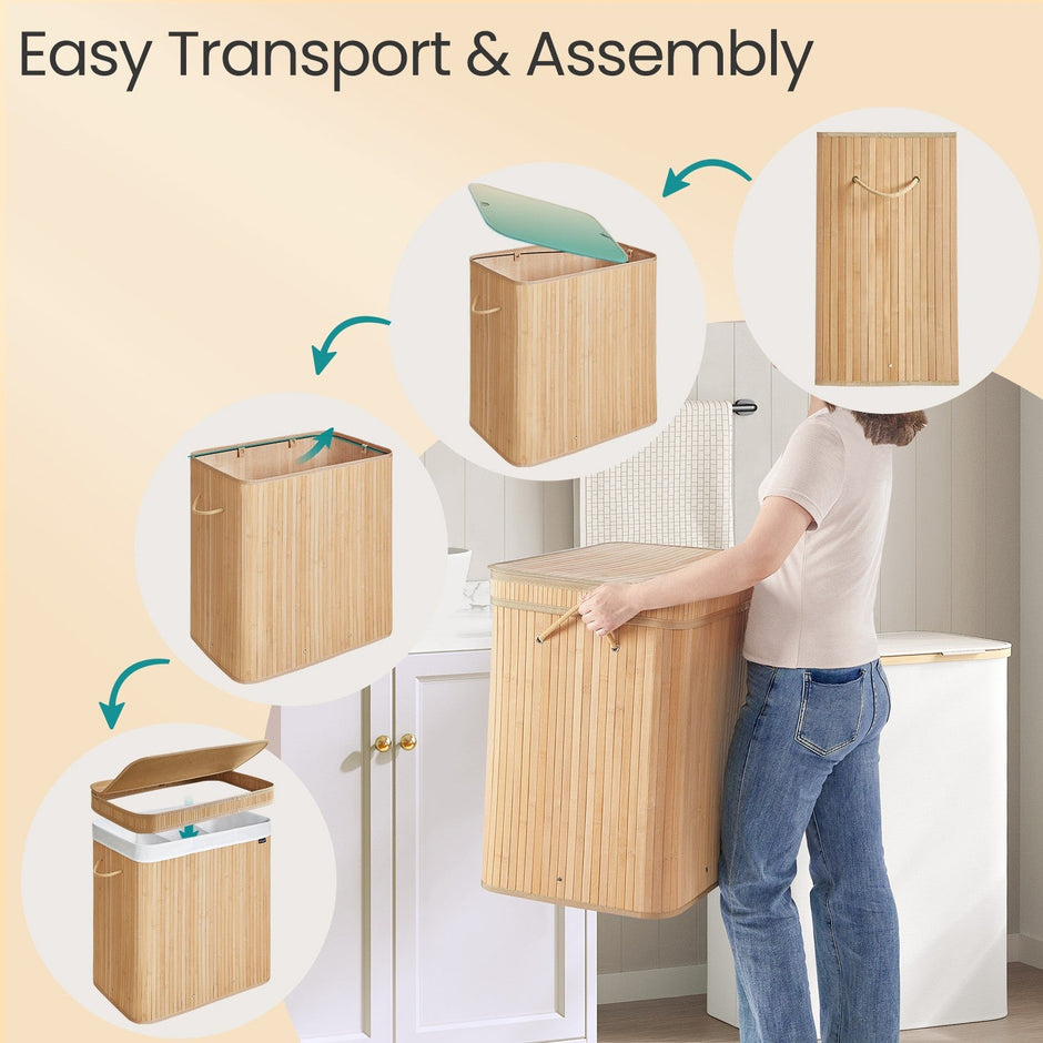 Laundry Hamper – Bamboo – Beige – 150L with Lid and Handles