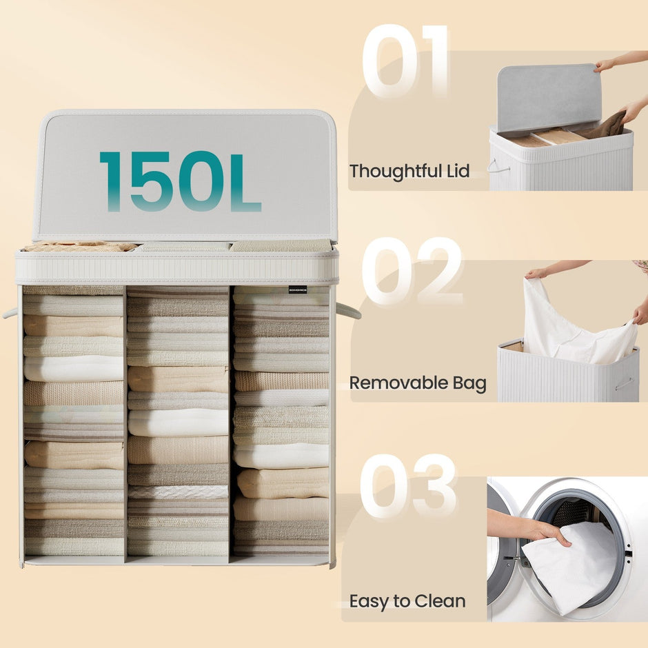 Laundry Hamper – Bamboo – Grey – Removable and Machine Washable with Lid