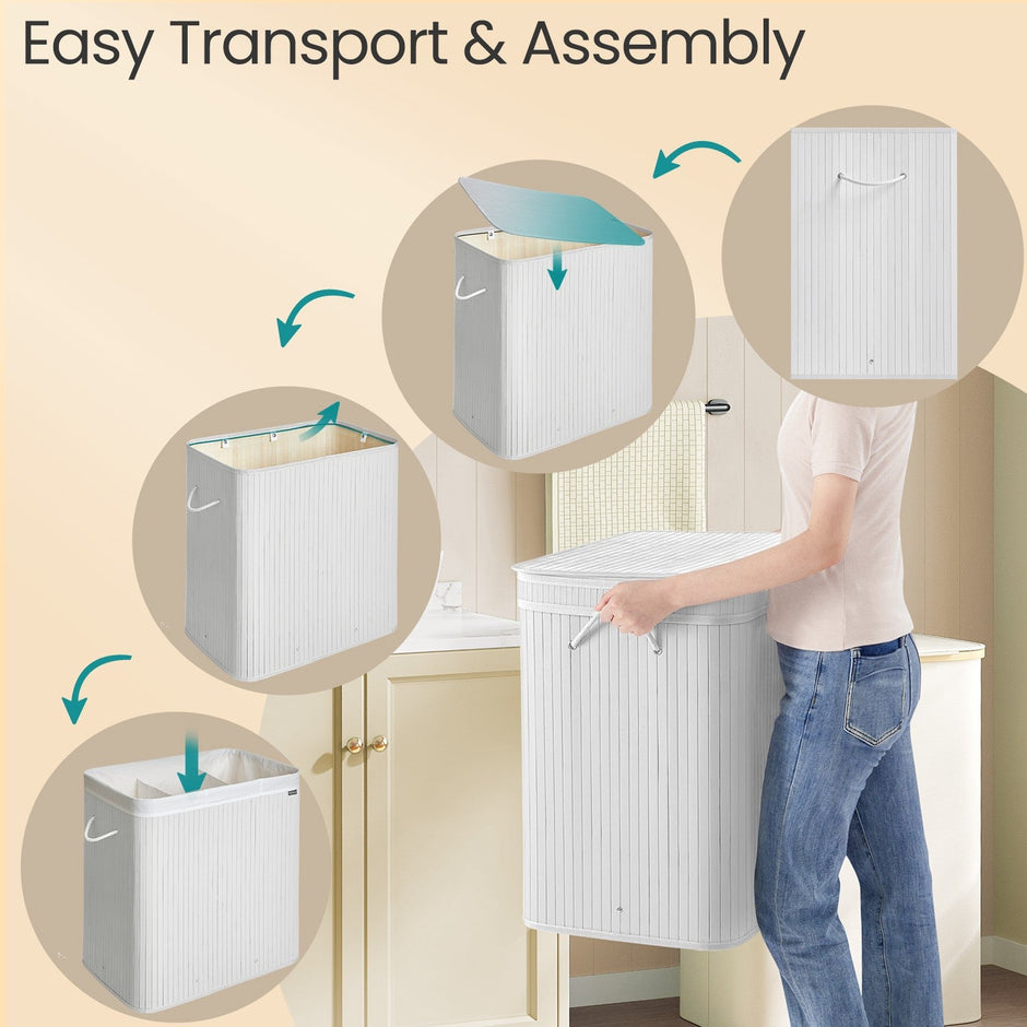 Laundry Hamper – Bamboo – Grey – Removable and Machine Washable with Lid