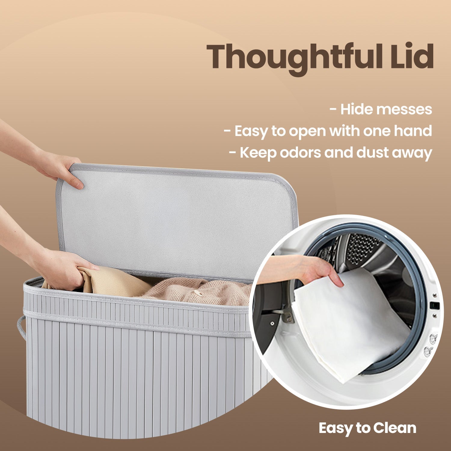 Laundry Hamper – Bamboo – Grey – Removable and Machine Washable with Lid and Handles