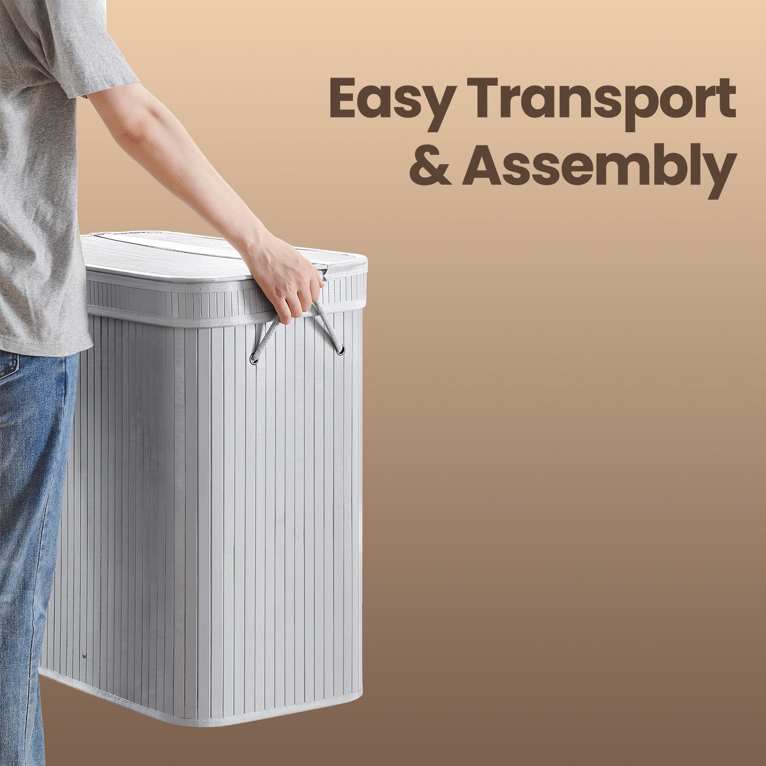 Laundry Hamper – Bamboo – Grey – Removable and Machine Washable with Lid and Handles