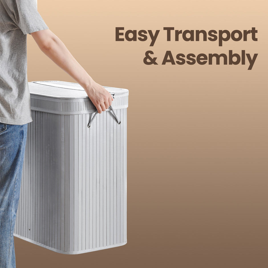 Laundry Hamper – Bamboo – Grey – Removable and Machine Washable with Lid and Handles