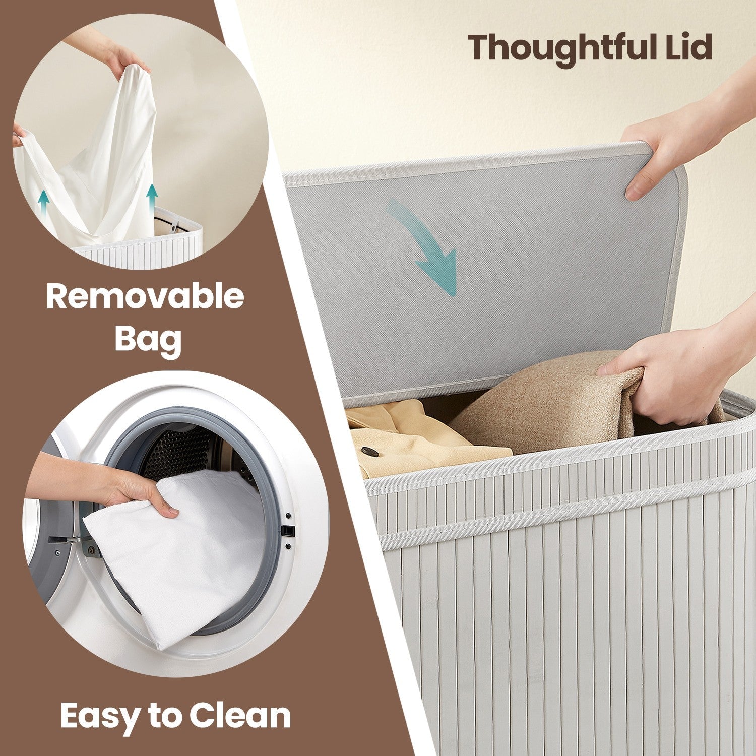 Laundry Hamper – Bamboo – Grey – Removable and Machine Washable with Lid