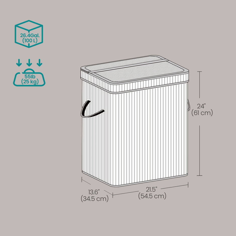 Laundry Hamper – Bamboo – Grey – Removable and Machine Washable with Lid