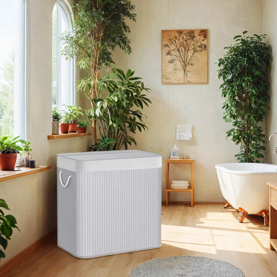 3-Section Laundry Hamper – Bamboo – Natural – Removable Liner, 150 L Capacity