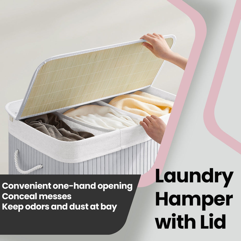 3-Section Laundry Hamper – Bamboo – Natural – Removable Liner, 150 L Capacity