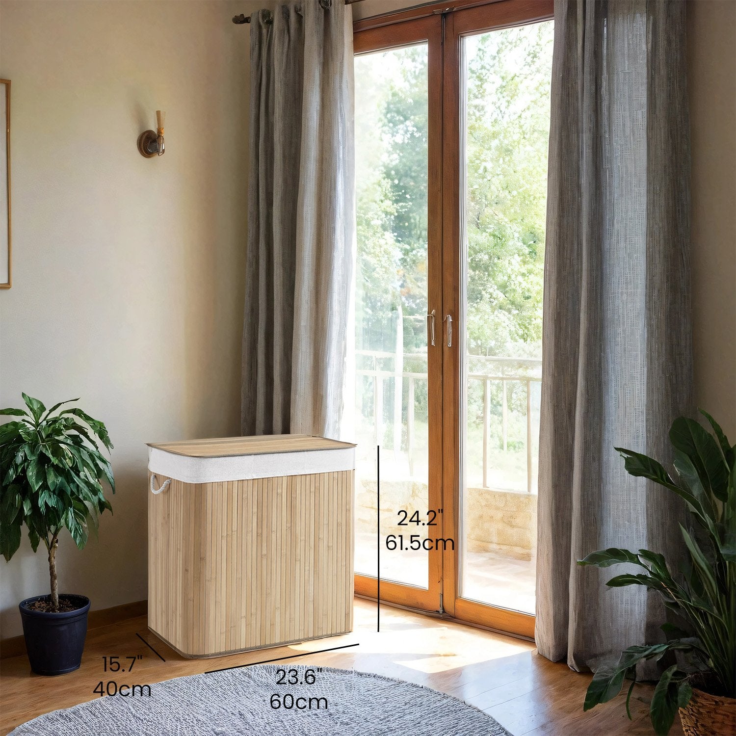 3-Section Laundry Hamper – Bamboo – Natural – Removable Liner, 150 L Capacity