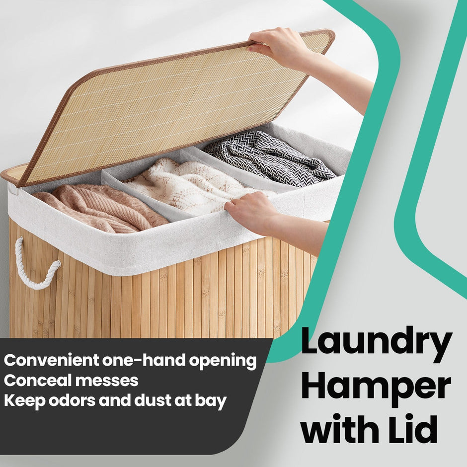 3-Section Laundry Hamper – Bamboo – Natural – Removable Liner, 150 L Capacity
