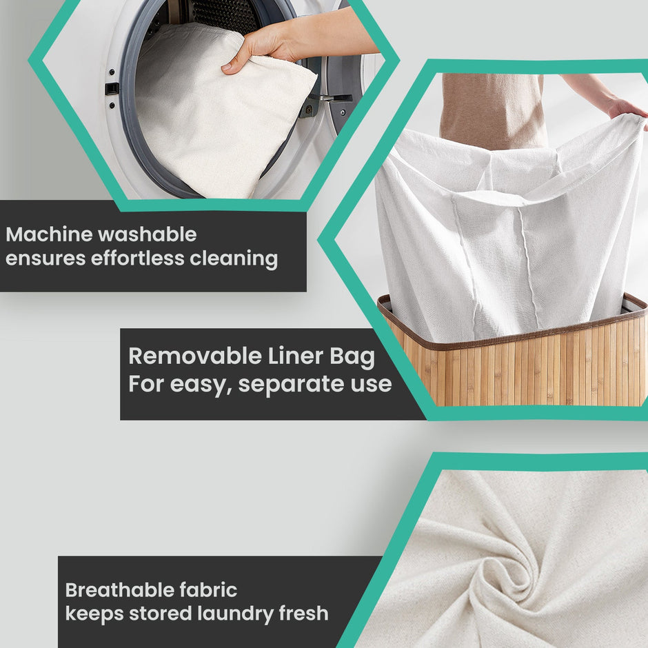 3-Section Laundry Hamper – Bamboo – Natural – Removable Liner, 150 L Capacity