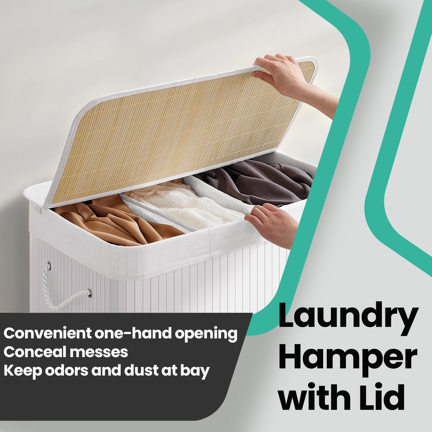 3-Section Laundry Hamper – Bamboo – Natural – Removable Liner, 150 L Capacity