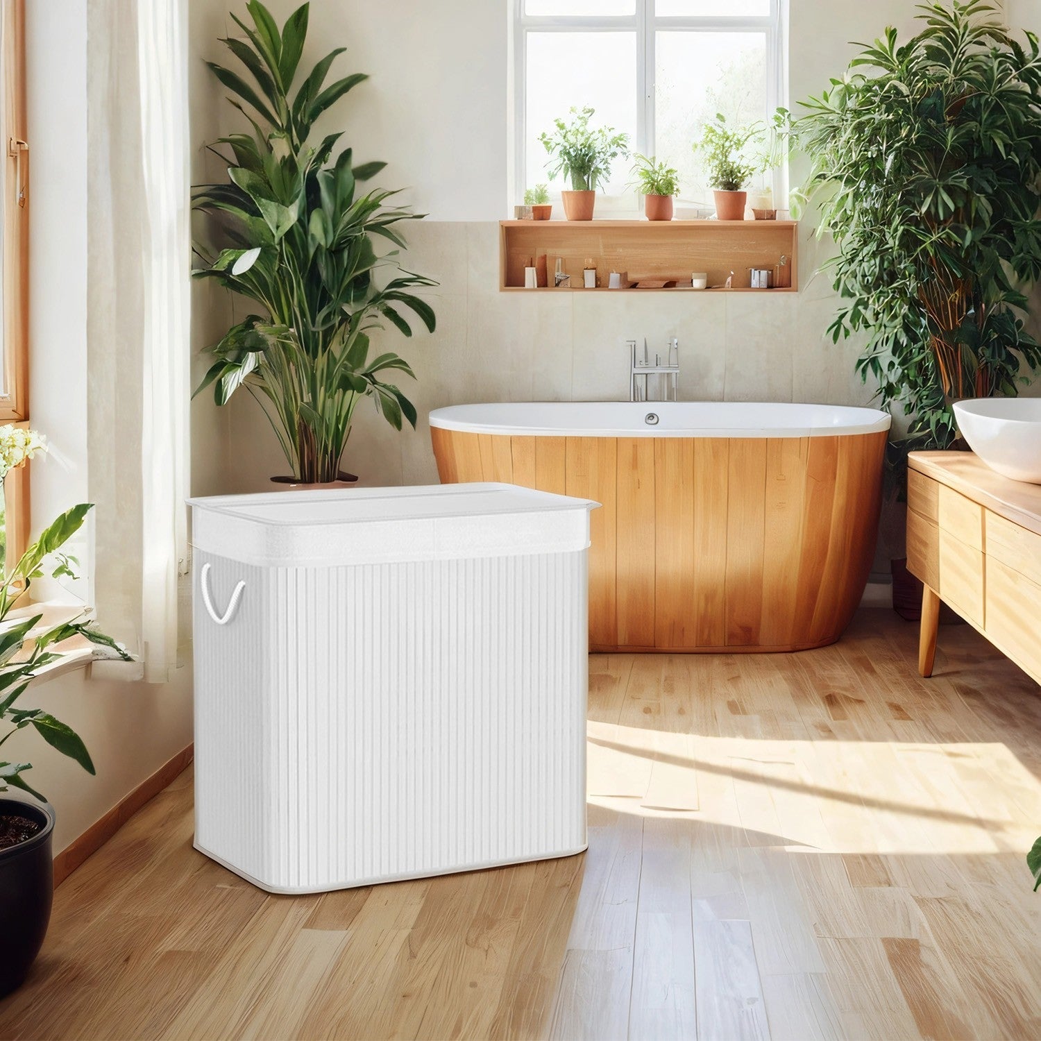 3-Section Laundry Hamper – Bamboo – Natural – Removable Liner, 150 L Capacity