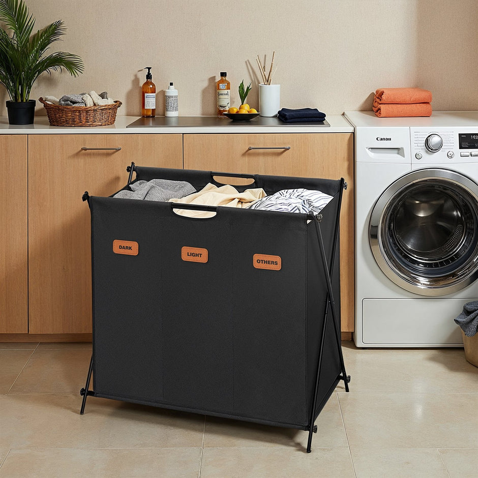 Laundry Sorter – Fabric – Ink Black – 4 Sections with Labels