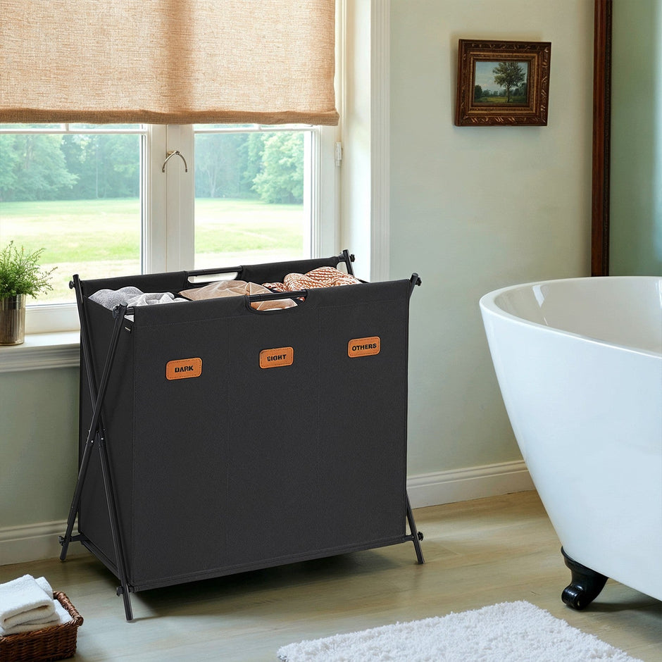 Laundry Sorter – Fabric – Ink Black – 4 Sections with Labels