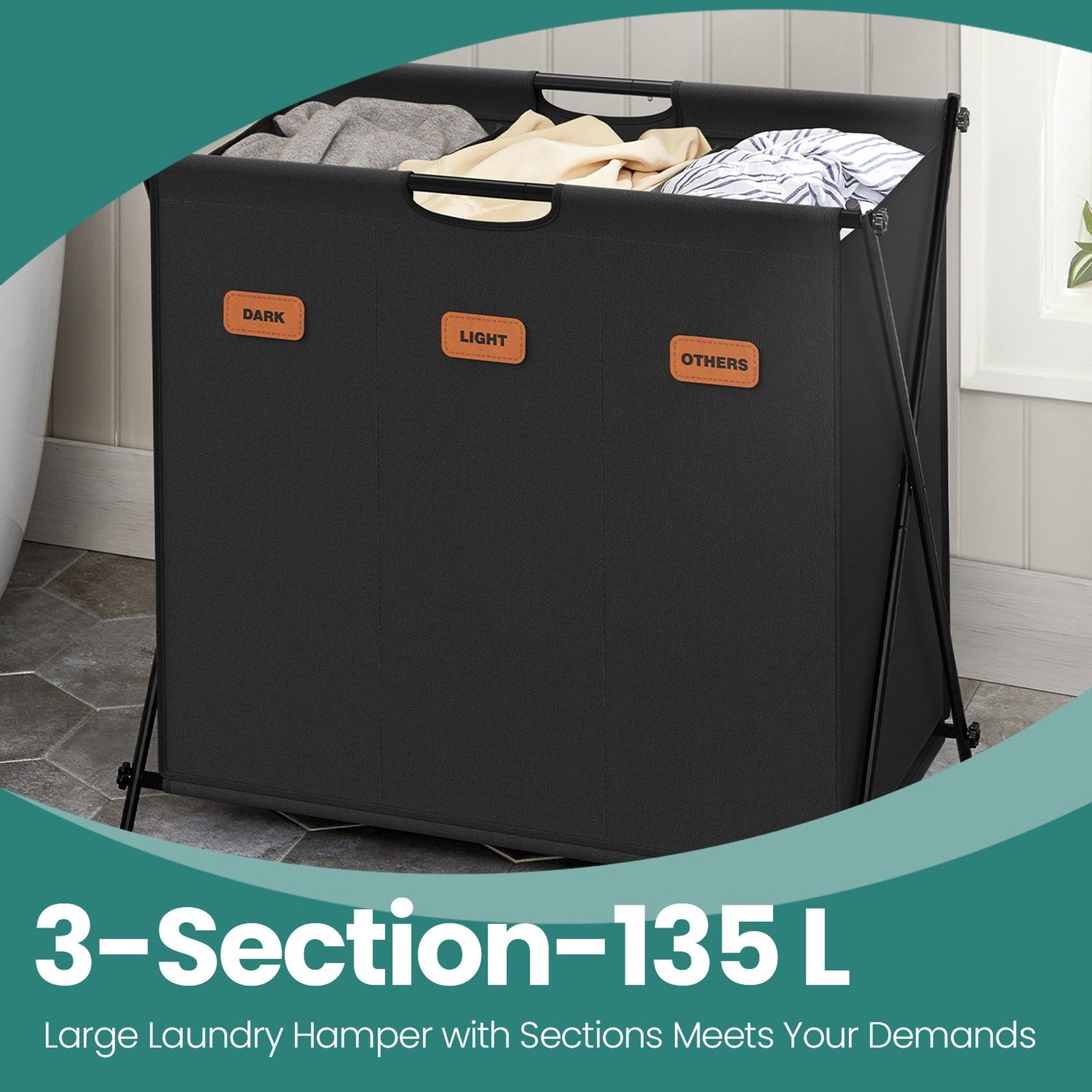 Laundry Sorter – Fabric – Ink Black – 4 Sections with Labels