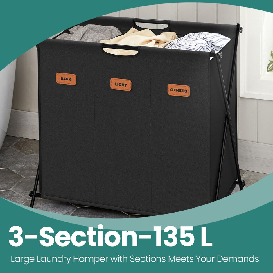 Laundry Sorter – Fabric – Ink Black – 4 Sections with Labels