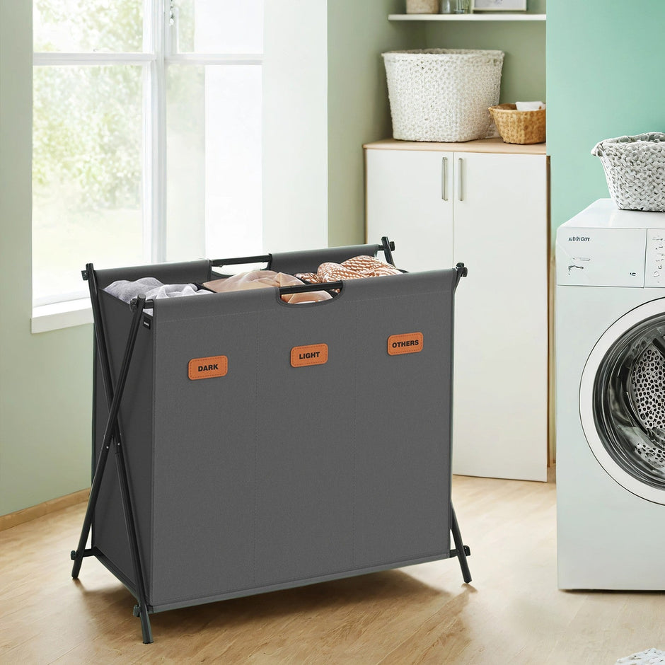 Collapsible 3-Section Laundry Basket – Fabric – Grey – 135L Capacity with Customizable Labels