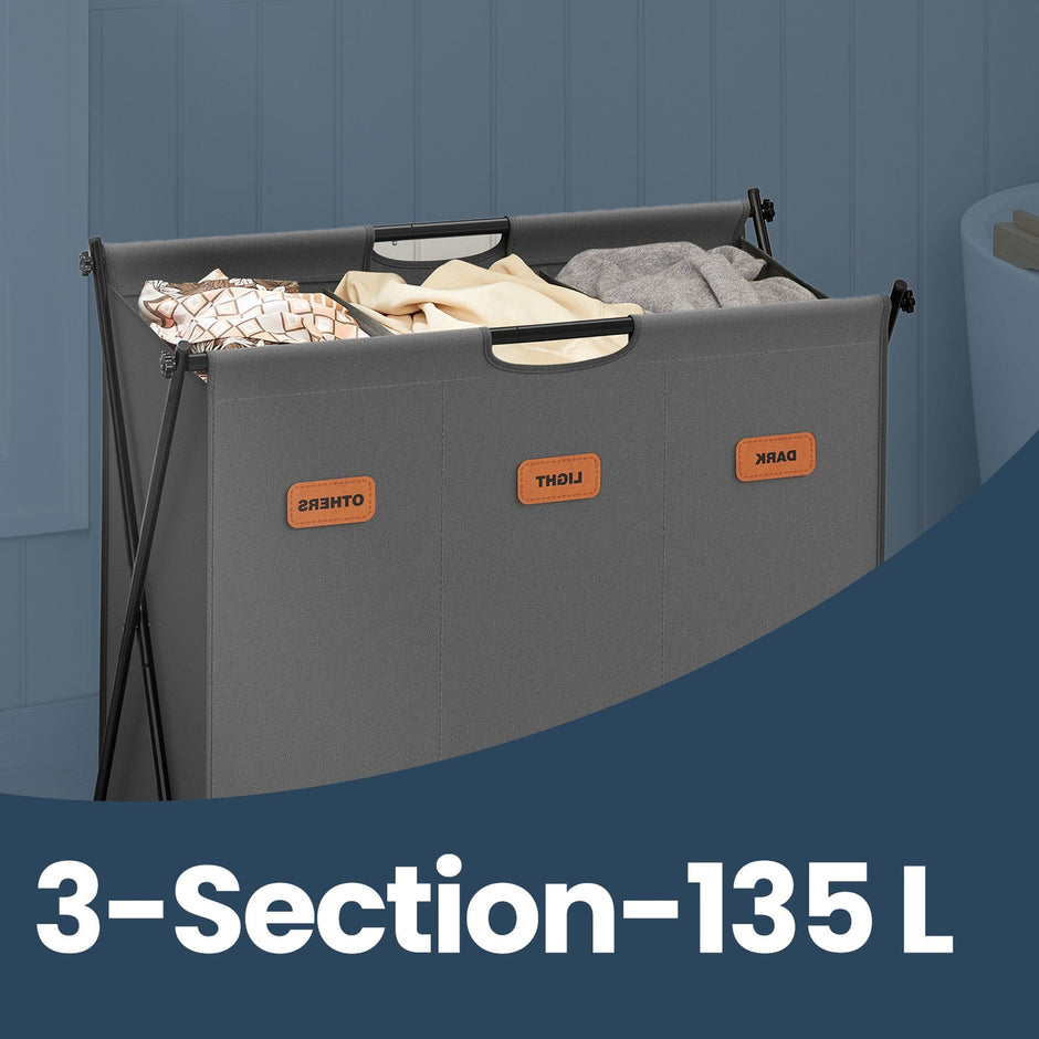Collapsible 3-Section Laundry Basket – Fabric – Grey – 135L Capacity with Customizable Labels