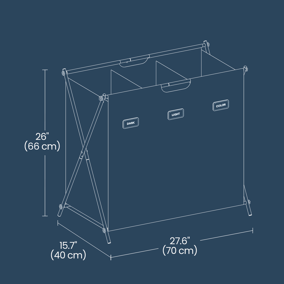 Collapsible 3-Section Laundry Basket – Fabric – Grey – 135L Capacity with Customizable Labels