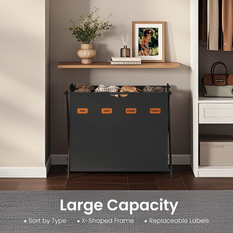Laundry Sorter – Fabric – Ink Black – 4-Section Collapsible Clothes Organizer