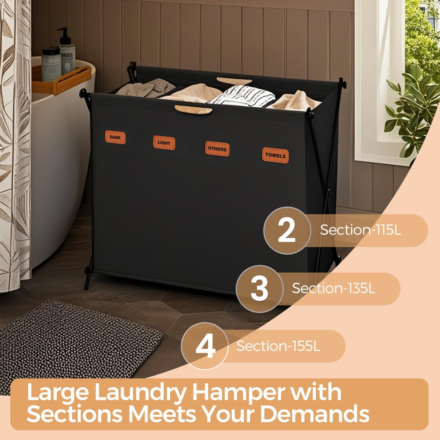 Laundry Sorter – Fabric – Ink Black – 4-Section Collapsible Clothes Organizer