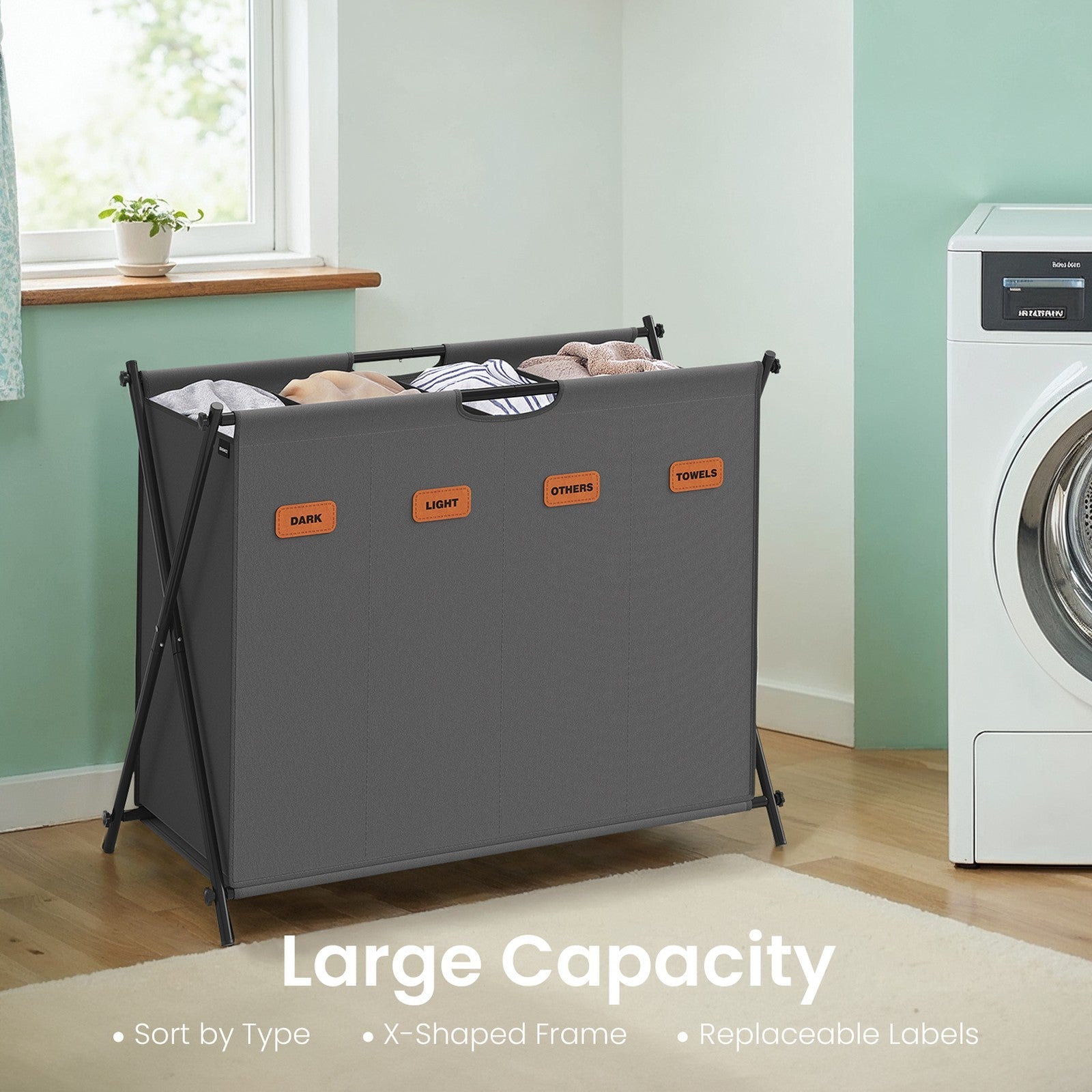 Foldable Laundry Basket – Fabric – Grey – 155 L Capacity with Customizable Labels