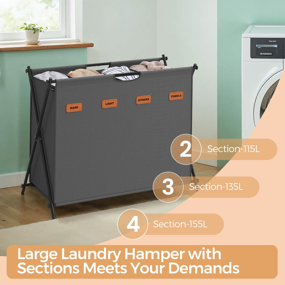 Foldable Laundry Basket – Fabric – Grey – 155 L Capacity with Customizable Labels