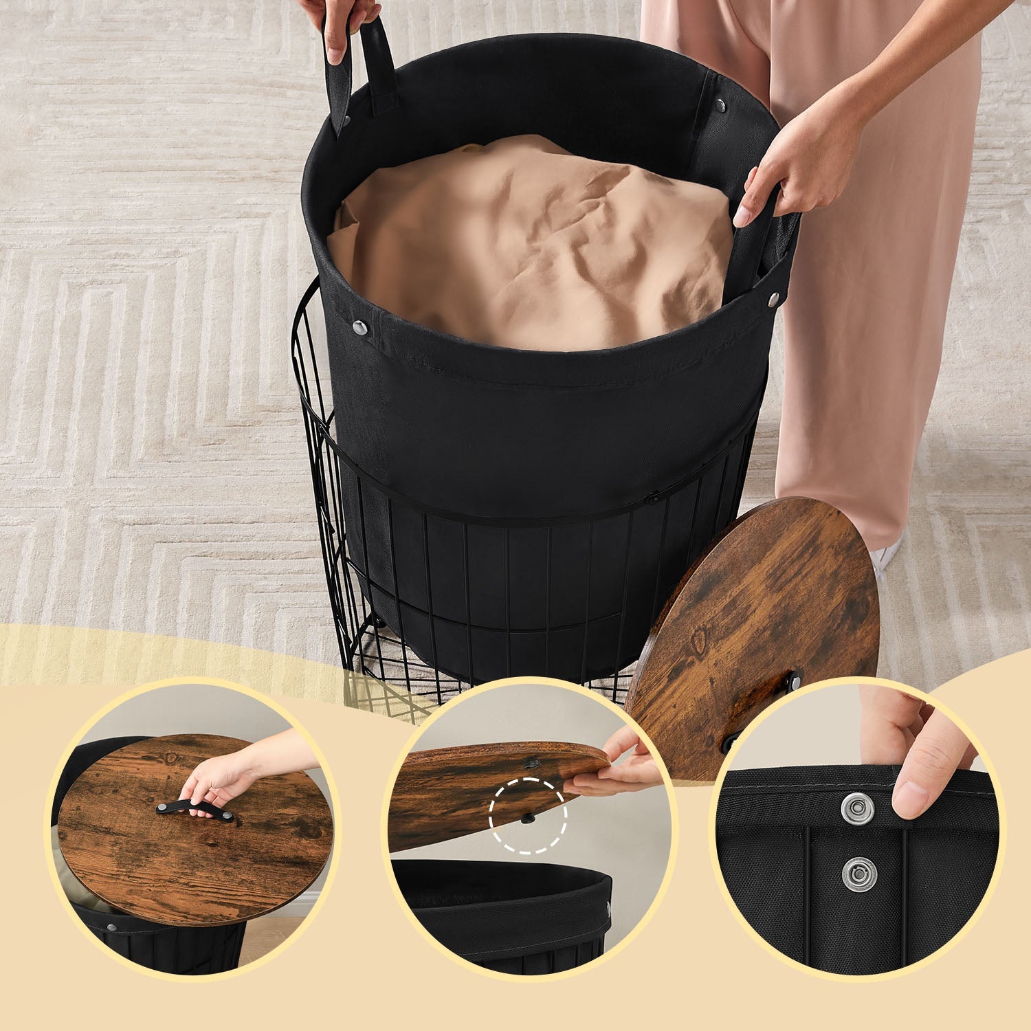 Round Laundry Hamper – Fabric – Ink Black – 95L Capacity with Removable Liner