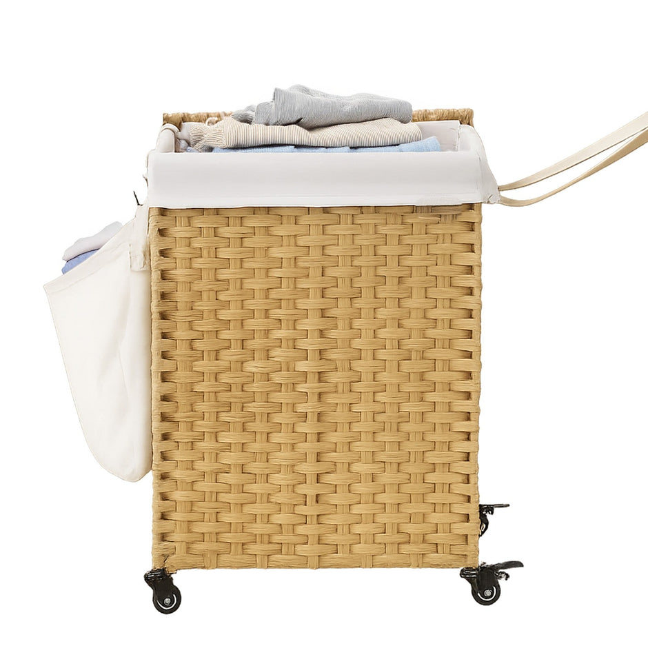 Rolling Laundry Hamper – Handwoven Rattan-Style – Natural – 120L Capacity with Removable Liner and Lid