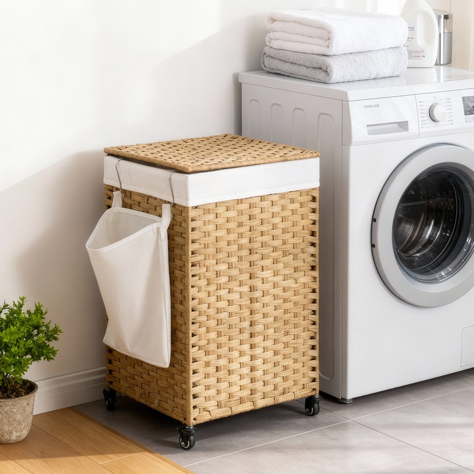 Rolling Laundry Hamper – Handwoven Rattan-Style – Natural – 120L Capacity with Removable Liner and Lid