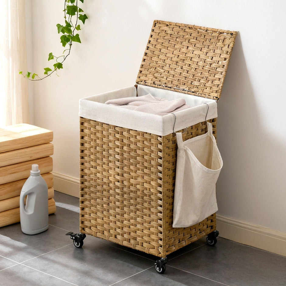 Rolling Laundry Hamper – Handwoven Rattan-Style – Natural – 120L Capacity with Removable Liner and Lid