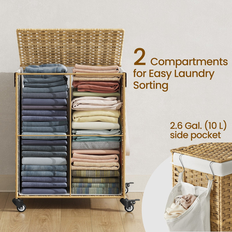 Rolling Laundry Hamper – Handwoven Rattan-Style – Natural – 120L Capacity with Removable Liner and Lid