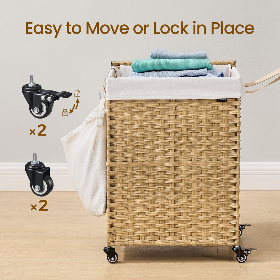 Rolling Laundry Hamper – Handwoven Rattan-Style – Natural – 120L Capacity with Removable Liner and Lid