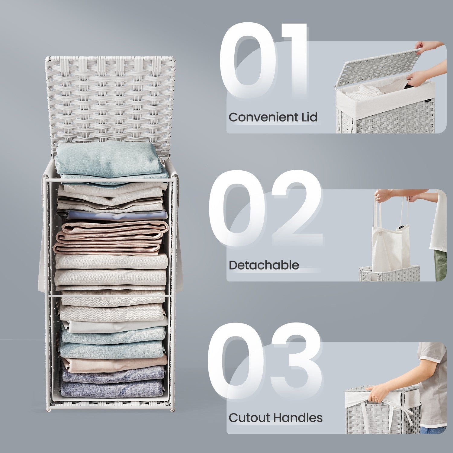 Foldable Laundry Hamper – Synthetic Rattan – Cloud White – Removable Liner and Lid