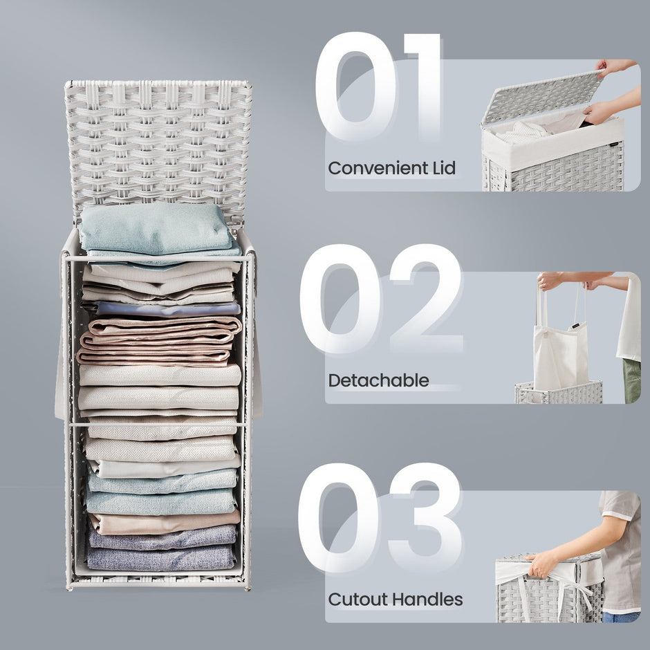 Foldable Laundry Hamper – Synthetic Rattan – Cloud White – Removable Liner and Lid