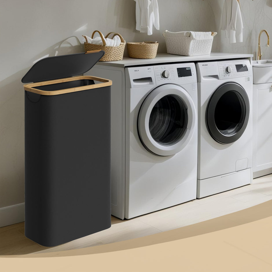 Laundry Basket – Fabric – Ink Black – Space-Saving with Lid and Removable Mesh Liner, 65 L