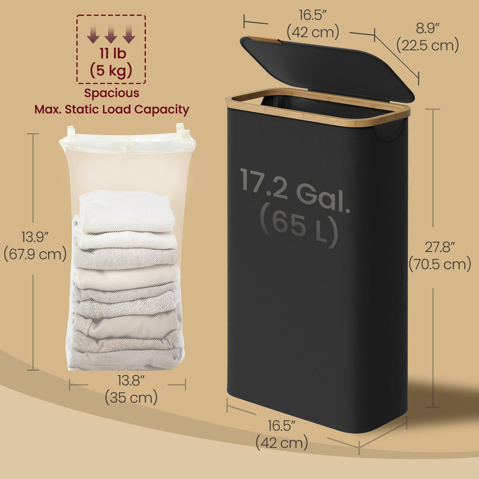 Laundry Basket – Fabric – Ink Black – Space-Saving with Lid and Removable Mesh Liner, 65 L