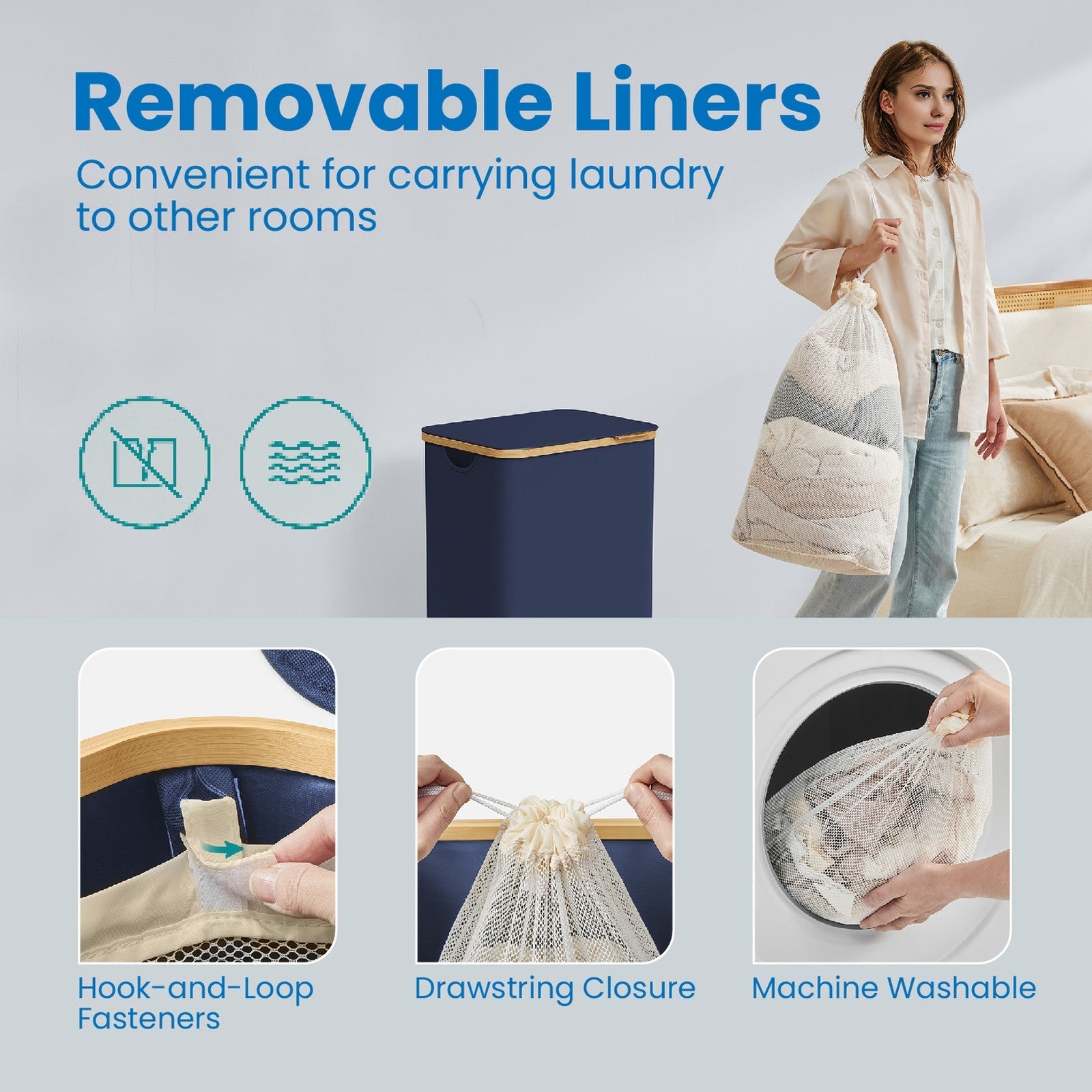Laundry Hamper – Fabric – Ink Black – Large Capacity with Lid and Removable Mesh Liner