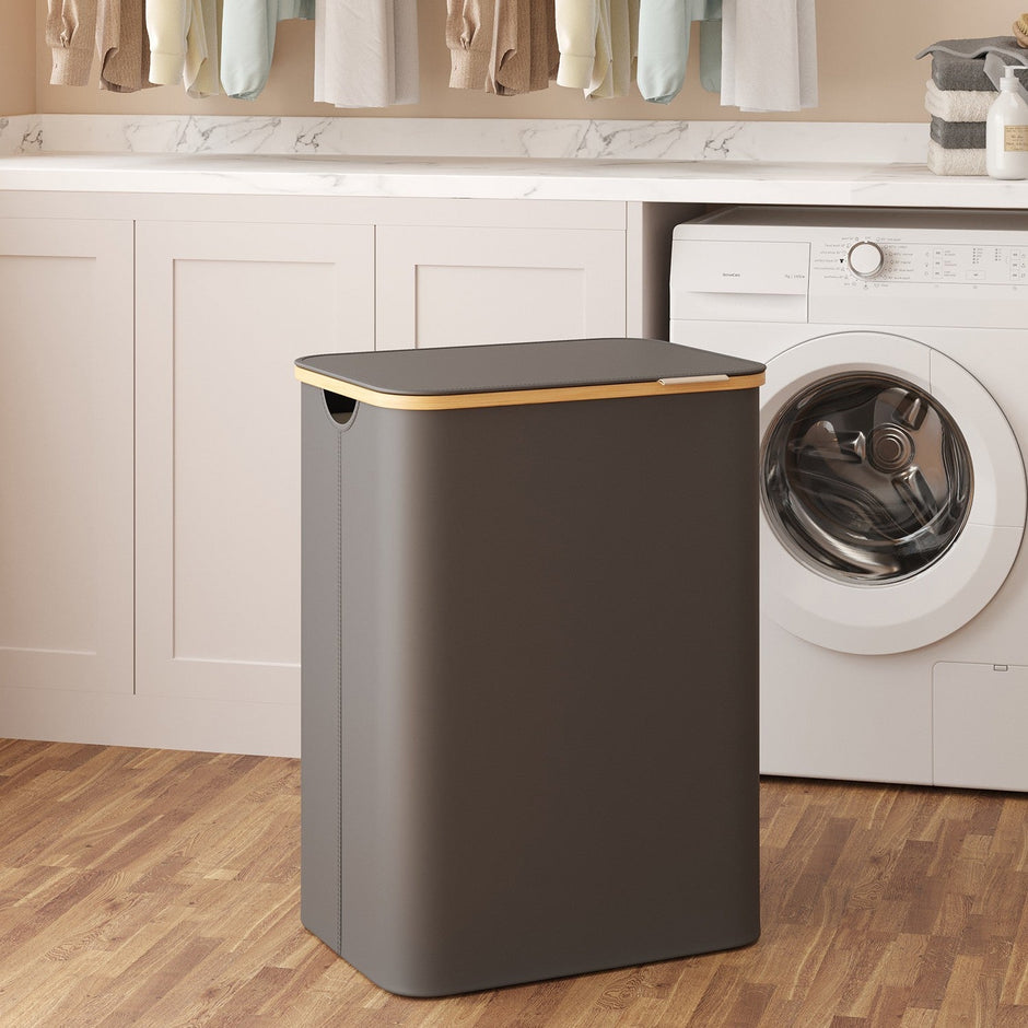 Laundry Hamper – Oxford Fabric – Ink Black – 3-Section with Lid and Removable Mesh Liner, 150 L