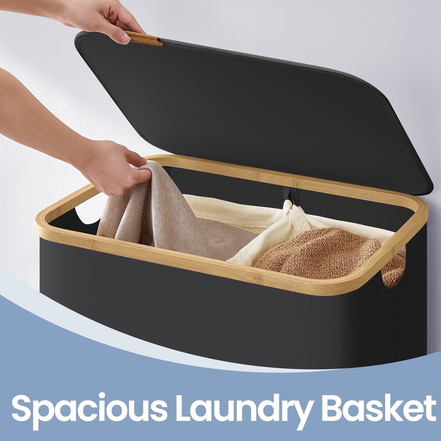 Laundry Hamper – Oxford Fabric – Ink Black – 3-Section with Lid and Removable Mesh Liner, 150 L