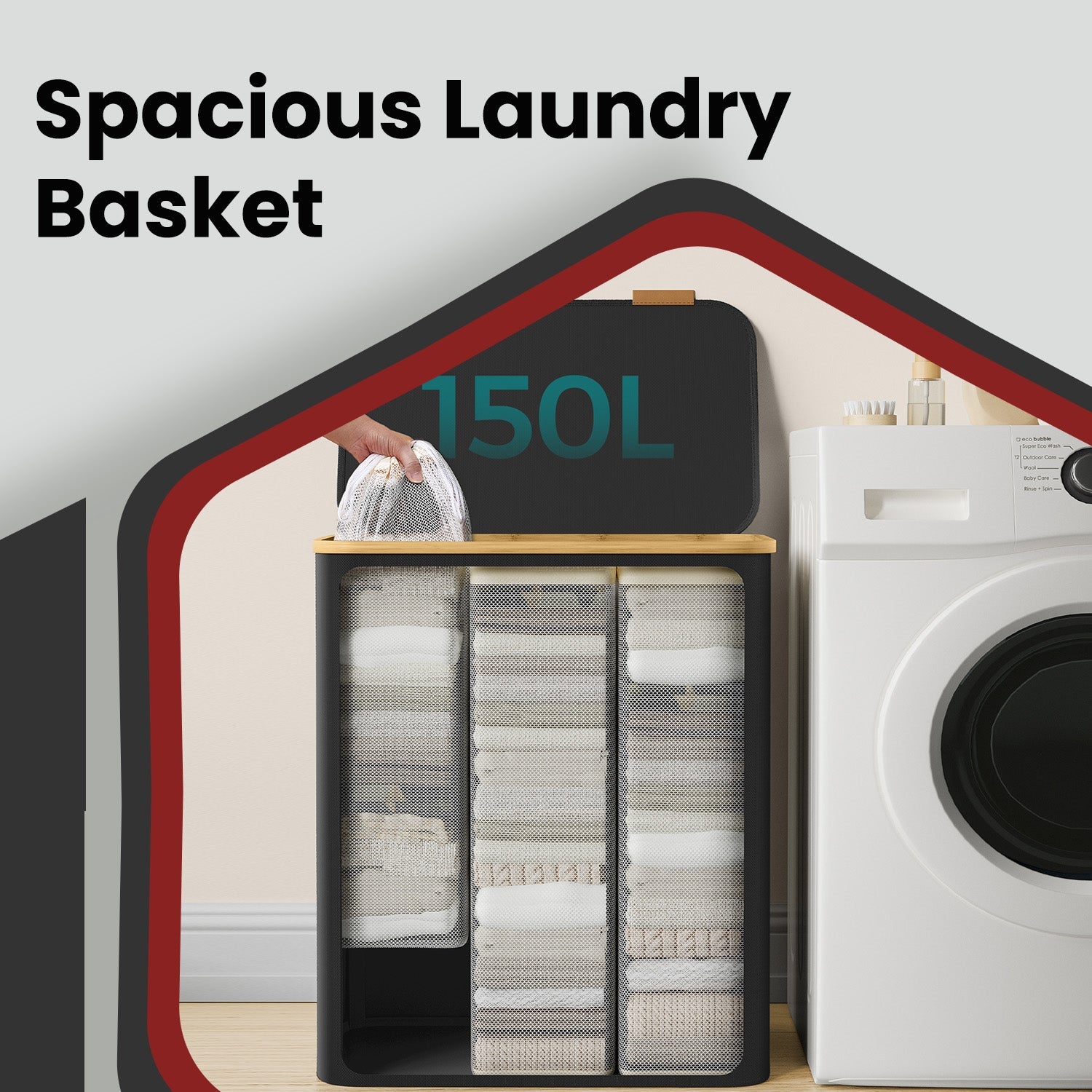 Large Laundry Hamper – Oxford Fabric – Ink Black – 3-Section with Lid and Removable Mesh Liner