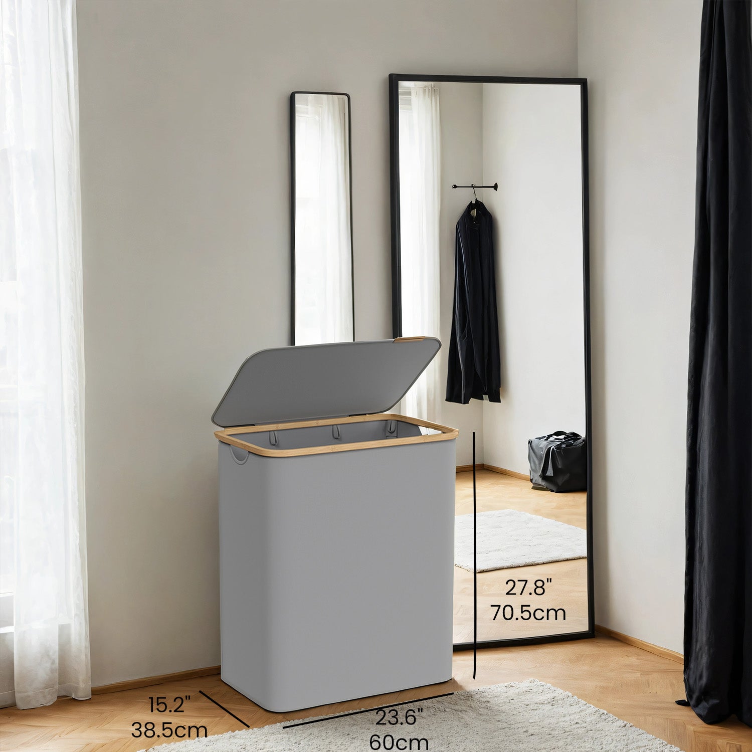 Large Laundry Hamper – Oxford Fabric – Ink Black – 3-Section with Lid and Removable Mesh Liner