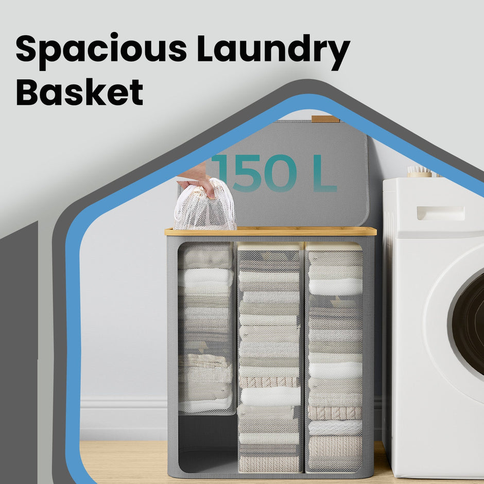 Large Laundry Hamper – Oxford Fabric – Ink Black – 3-Section with Lid and Removable Mesh Liner