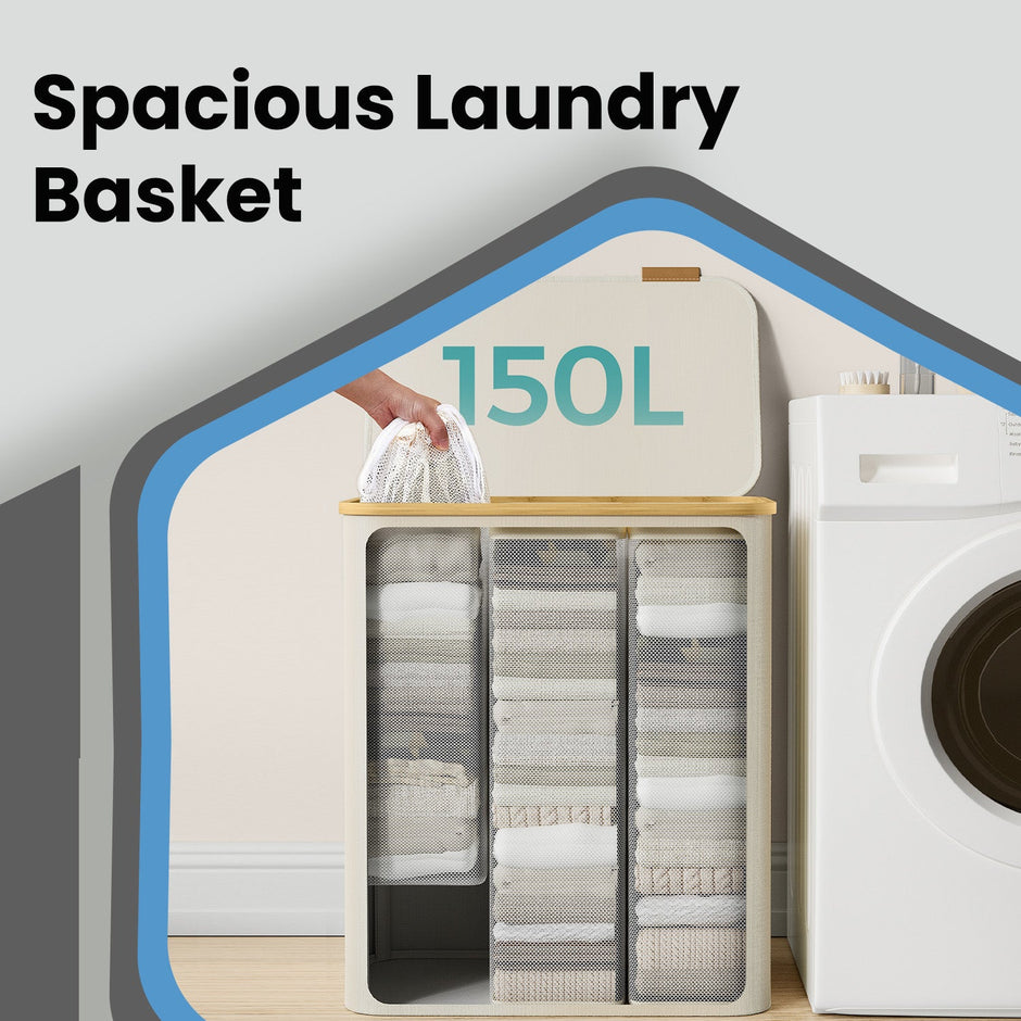 Large Laundry Hamper – Oxford Fabric – Ink Black – 3-Section with Lid and Removable Mesh Liner