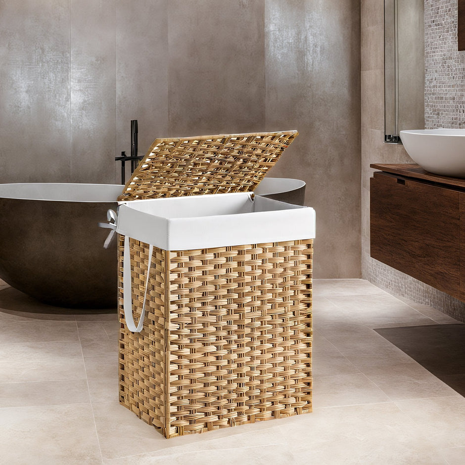 Laundry Basket – Synthetic Rattan – Natural – Foldable with Lid and Removable Liner
