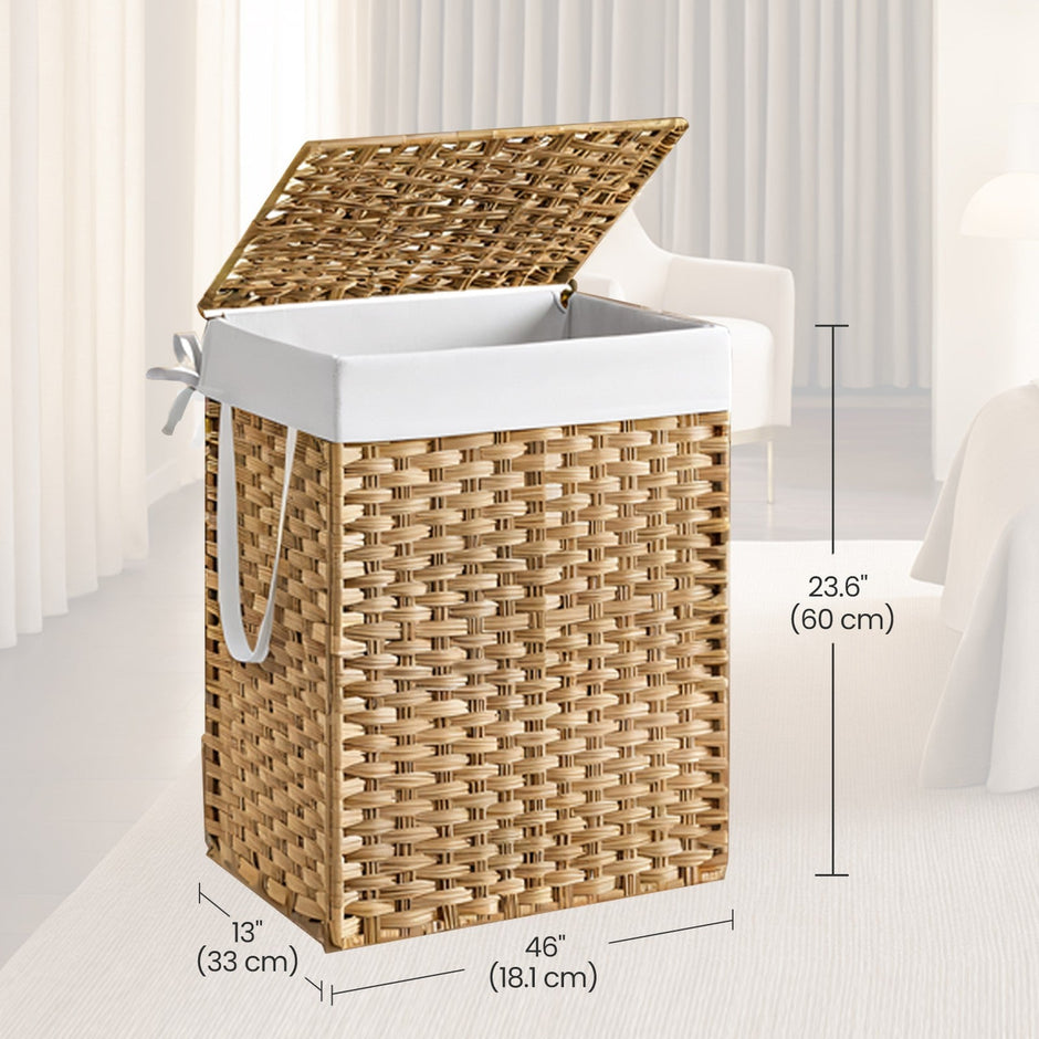 Laundry Basket – Synthetic Rattan – Natural – Foldable with Lid and Removable Liner