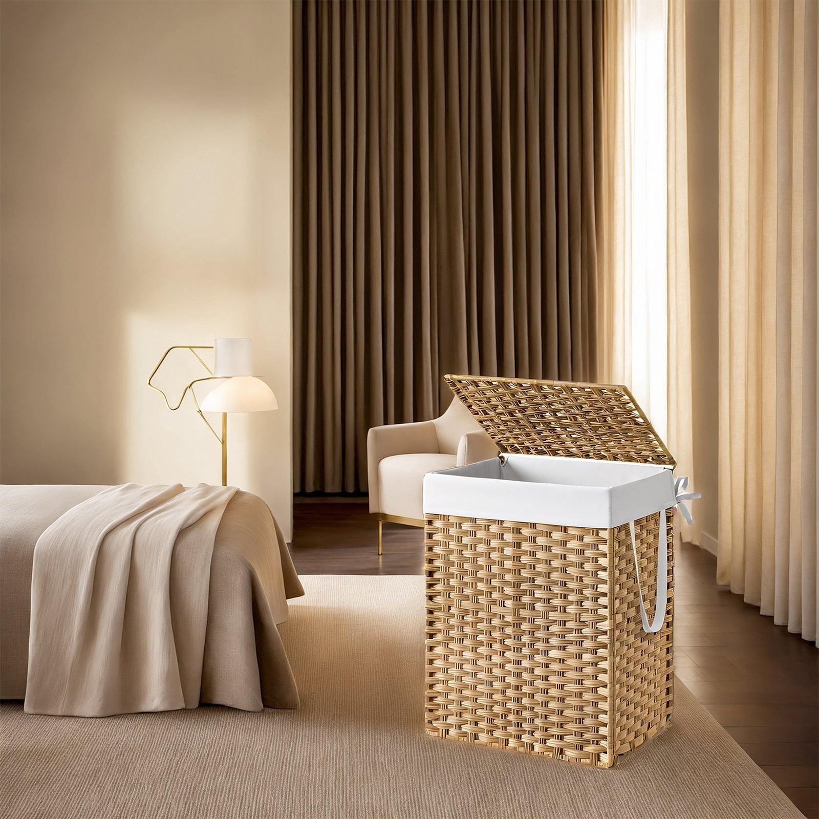 Laundry Basket – Synthetic Rattan – Natural – Foldable with Lid and Removable Liner